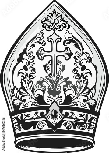 Highly Ornate Bishop Mitre Vector Illustration with Central Cross – Intricate Black and White Religious Hat Design