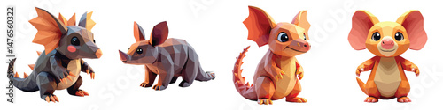 Cut Out Set of Low Poly Vector illustration Of Armadillo Toy Isolated on Transparent or White Background.