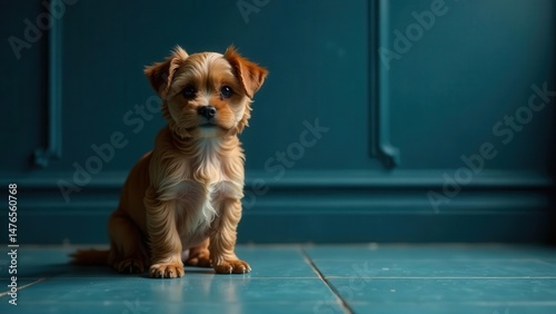 A fluffy, adorable young canine companion sits patiently on a teal tiled floor, a captivating portrait of youthful canine charm against a rich teal backdrop