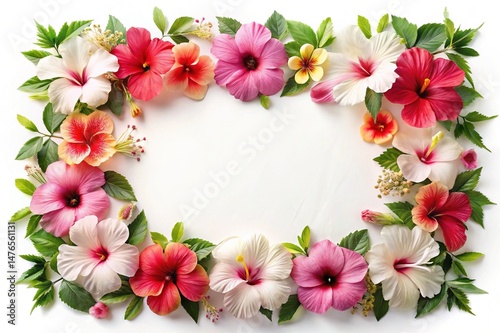 Wallpaper Mural Frame of Colorful Hibiscus Flowers and Green Leaves on White Background Torontodigital.ca