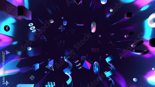 Looped passing through neon metallic geometric shapes motion graphics.