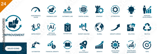 Improvement icon. Containing market analysis, growth, idea, automation, development thinking, feedback loop. Solid vector icons set.