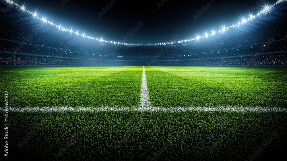 Obraz premium Mega Construction Concept. A stunning soccer stadium field featuring lush green grass and bright lights, perfect for a thrilling match or sports event atmosphere.