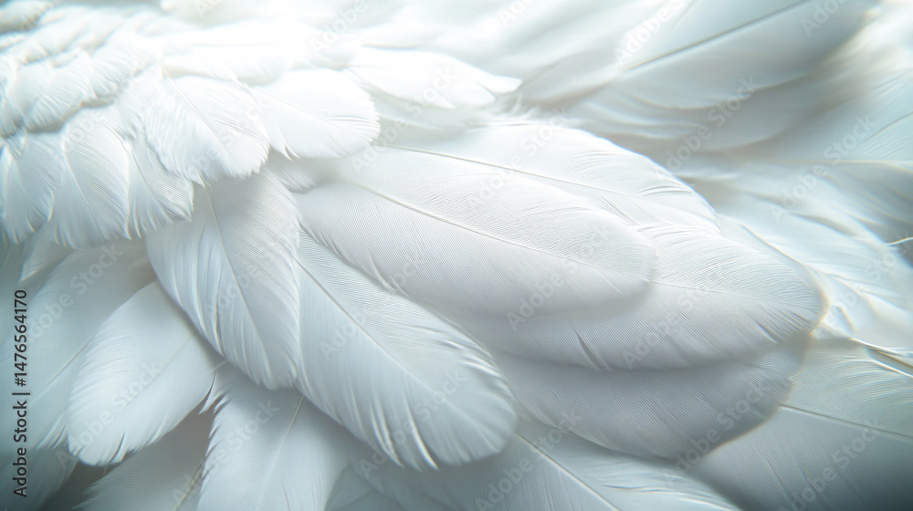 Fototapeta premium Closeup, white and feathers background for peace, calm and spirituality for God, religion and hope. Ai generated, feather and bird plumage for creative banner, texture or detail space for angel faith
