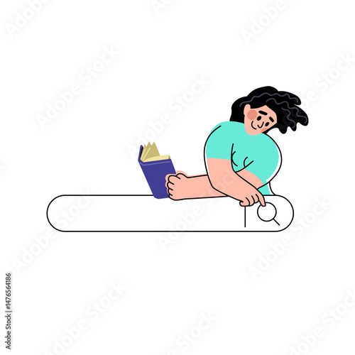 Search bar, Find. Girl persses a magnifying glass icon by finger, holding a book or note paper, trying to find information on the web. Cartoon character, vector illustration, editable graphic lines.