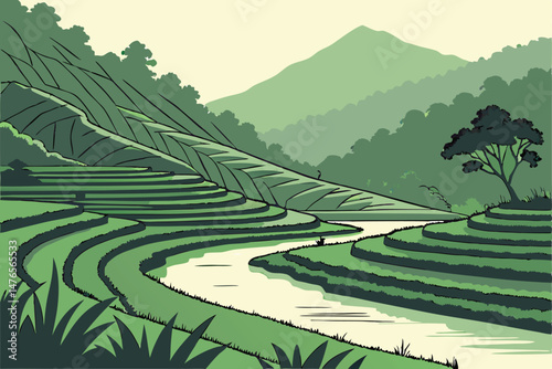 100 elegant terraced rice fields, lush green hills, winding river, mountainous landscape, serene reflection, stunning vista, atmospheric lighting, detailed textures, vibrant colors, dreamlike composit