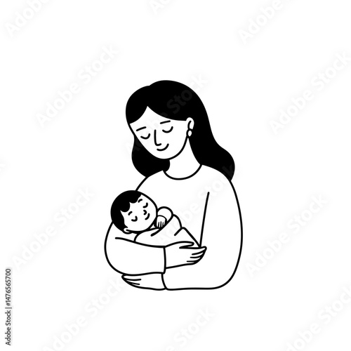 Caring mother holding infant with love in minimalist vector illustration. Perfect for parenting, motherhood, and family-themed designs. Ideal for baby products and maternal content.