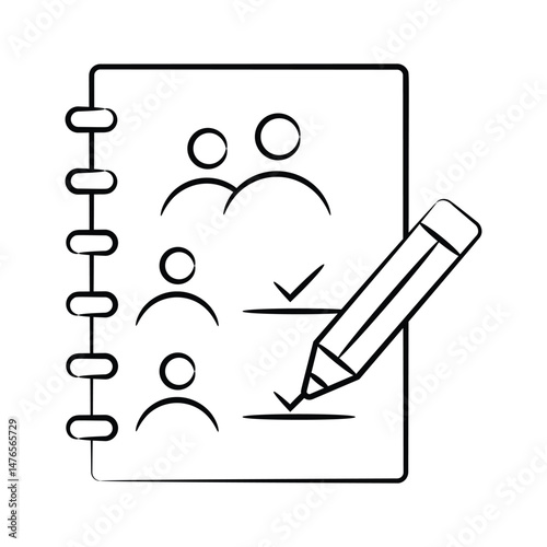 Ready to use doodle style icon showing guestbook with pencil