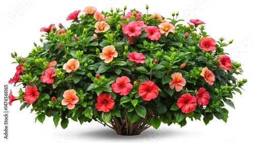 Beautiful hibiscus bush showcasing vibrant red and orange flowers against lush green foliage