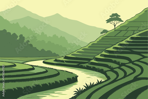 100 elegant terraced rice fields, lush green hills, winding river, mountainous landscape, serene reflection, stunning vista, atmospheric lighting, detailed textures, vibrant colors, dreamlike composit