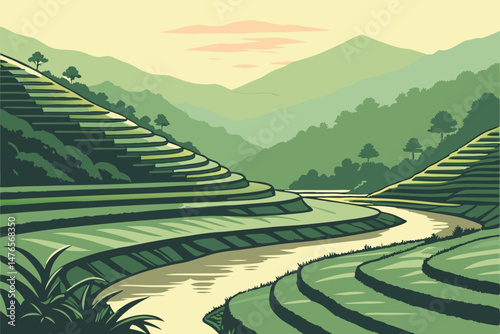 100 elegant terraced rice fields, lush green hills, winding river, mountainous landscape, serene reflection, stunning vista, atmospheric lighting, detailed textures, vibrant colors, dreamlike composit