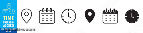 Time, calendar & address location icons set. 