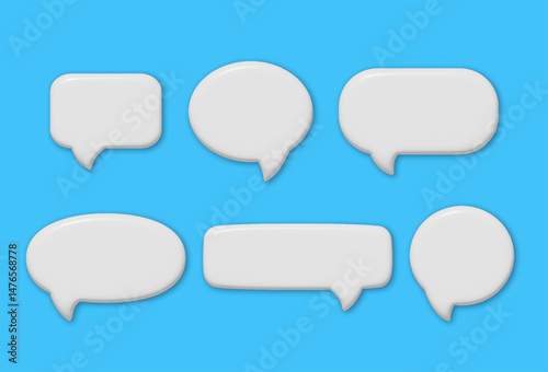 Set of 3d white empty speech bubbles. Social media chat message signs. Different shapes of text bubbles. Rendering of various bubbles talk template. Volumetric dialogue clouds