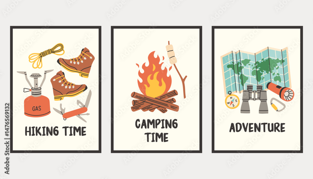 Fototapeta premium Vertical simple camping poster set. Summer outdoor activity brochure with hiking and camping logo, nature recreation concept. Flyer banner for forest adventure, summer travel camp illustration.