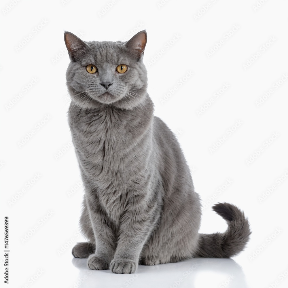 Fototapeta premium British kitten on white background, Grey cat sitting on a white background
