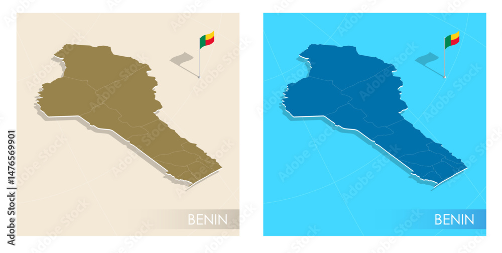 Obraz premium Benin country flag installed on geographic positioning map point of country territory. Benin commonwealth banner on land and sea. Festive patriotic HD format template for independence day