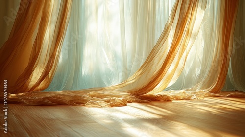 Soft drapes glow with light on a wooden floor