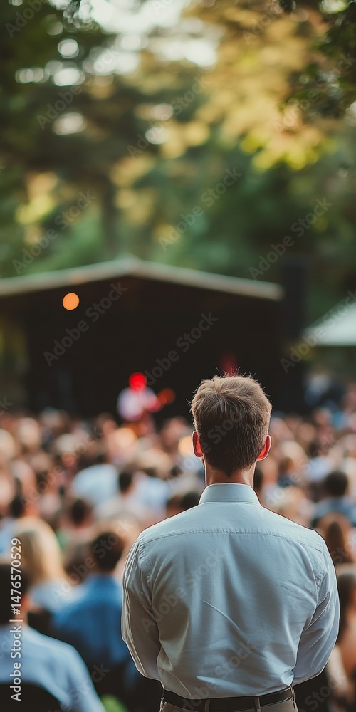Fototapeta premium Man Viewing Outdoor Performance At Music Festival With Stage And Blurred Crowd Behind