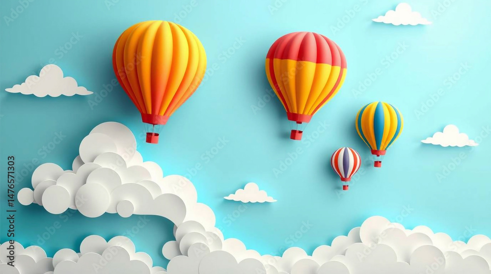 Naklejka premium Beautiful fluffy clouds on blue sky background with colorful hot air balloons.Paper art. Paper cut style. Place for text. Travel and adventure concept.