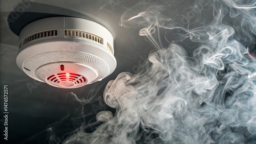 Smoke Alarm Activation Close-up Composition of Ceiling-Mounted Detector,Smoke,Fire Safety,Alarm Fire safety, Smoke detector
