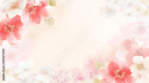 Elegant pastel floral background with soft red and white blossoms framing a light watercolor center. Border, frame, copy space, postcard, card, dreamy elegant simple design