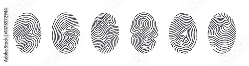 Set of fingerprints isolated on white. Personal id identity. Unique touch id. Vector hand drawn cliparts.	