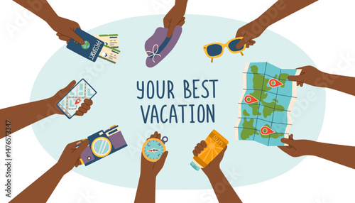 Travel, vacation, business trip concept banner. Human dark skin tone hands holding travel objects. Vector flat hand drawn illustration.