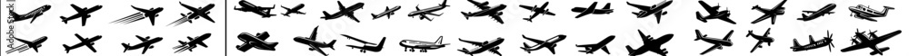 A modern set of aircraft icons, including airplane illustrations and plane symbols or logos A modern set of aircraft icons, including airplane illustrations and plane symbols or logos