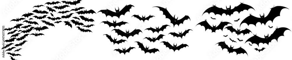 A creepy and scary modern background is formed by flying Halloween bats, set against a Halloween monochrome backdrop with black silhouettes of Dracula vampire bats, depicting flying monsters and A creepy and scary modern background is formed by flying Halloween bats, set against a Halloween monochrome backdrop with black silhouettes of Dracula vampire bats, depicting flying monsters and