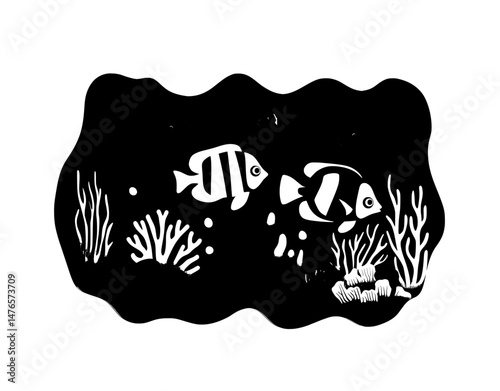Undersea exotic coral reef is depicted in a paper cut or cutout style with ocean water waves and fish silhouette forming the background
