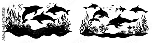 A modern underwater world is depicted through a paper cut landscape featuring silhouettes of a dolphin, turtle, and seaweeds, set against a backdrop of ocean coral reef