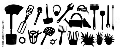 Gardening and farming agriculture tools are illustrated through modern silhouette icons, featuring garden and farm cultivation equipment like rakes, shovel spades, and gardener hoes, in addition to
