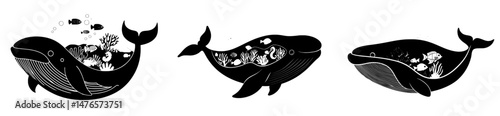 The scene showcases a blue whale's silhouette set against a backdrop of an underwater sea world crafted from paper cut, featuring cartoonish coral reefs and ocean layers with fish schools, starfish,