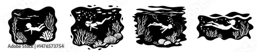 A silhouette of a diver appears on a sea-themed paper cut landscape, complete with a seahorse, seaweeds, and schools of fish in a mesmerizing underwater 3D modern scene that captures the mysterious