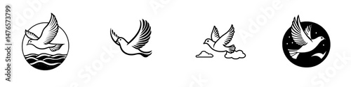 The dove serves as a symbol of peace and hope, depicted as an isolated bird with a modern flying pigeon silhouette and outstretched wings