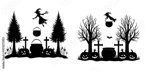 The black frame of a Halloween holiday setting contains a cemetery, pumpkins, a cauldron, a witch on a broomstick, bats, and silhouettes of creepy trees, complemented by a modern square border