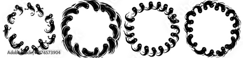 A Halloween-themed holiday frame in black features flying ghosts, accompanied by a modern, empty, round border that isolates silhouettes of spooky phantoms with faces that yell and laugh