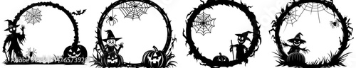 A Halloween holiday frame featuring a black border with a pumpkin and a scarecrow bogey man, surrounded by a modern silhouette border, is paired with a Halloween horror night circle border frame