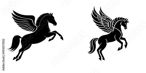 The winged stallion Pegasus, a creature of myth, is frequently portrayed in isolation and its modern representation in heraldry is that of a stylized horse silhouette with a prominent mane