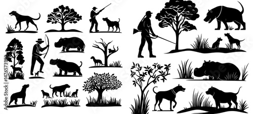 African safari adventure scene showcasing a hunter, pointer dog, and hippopotamus in the savannah, highlighting the thrill of duck shooting season, bird hunting hobby, or the pursuit of a forest hunt