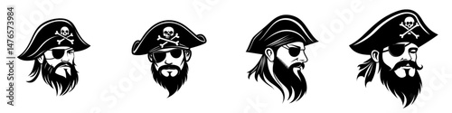 A bearded pirate wearing an earring and a captain's hat is depicted in isolated silhouette as a modern sea bandit who attacks ships