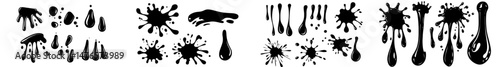 Ink paint blots are surrounded by isolated black drop splashes and dirty brush painting spots that create a unique texture