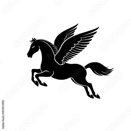 The mythical creature known as pegasus is a modern representation of a horse with wings, often used as a stallion tattoo in heraldic silhouette