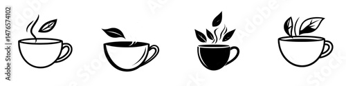 A cup of green herbal tea is isolated as a hot drink, featuring modern melissa or mint as a hot beverage with leaves