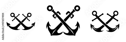 A modern illustration of crossed anchors in silhouette form is presented, symbolizing the navy, sailing, and regatta through a hand-drawn monocolor design, often used in sailor tattoos, yacht club