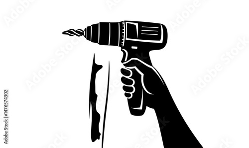A modern illustration shows a human hand clutching a drill