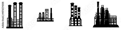 Modern industrial and technology plant design is represented by a chemical factory silhouette isolated icon, along with a modern pipeline refinery