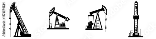 The silhouette of an oil derrick and isolated pump jack serve as an icon for the modern oil industry, which encompasses factory plants, drilling pumps, and petroleum production stations