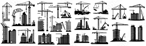 Modern buildings and construction equipment stand out against the dark silhouettes of a construction site, showcasing infrastructure, industrial, and residential development with cranes, concrete