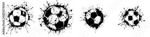 Football or soccer sport balls, along with modern grunge banners featuring green and black halftone patterns, paint splashes, and spots, are associated with soccer team players who use leather balls